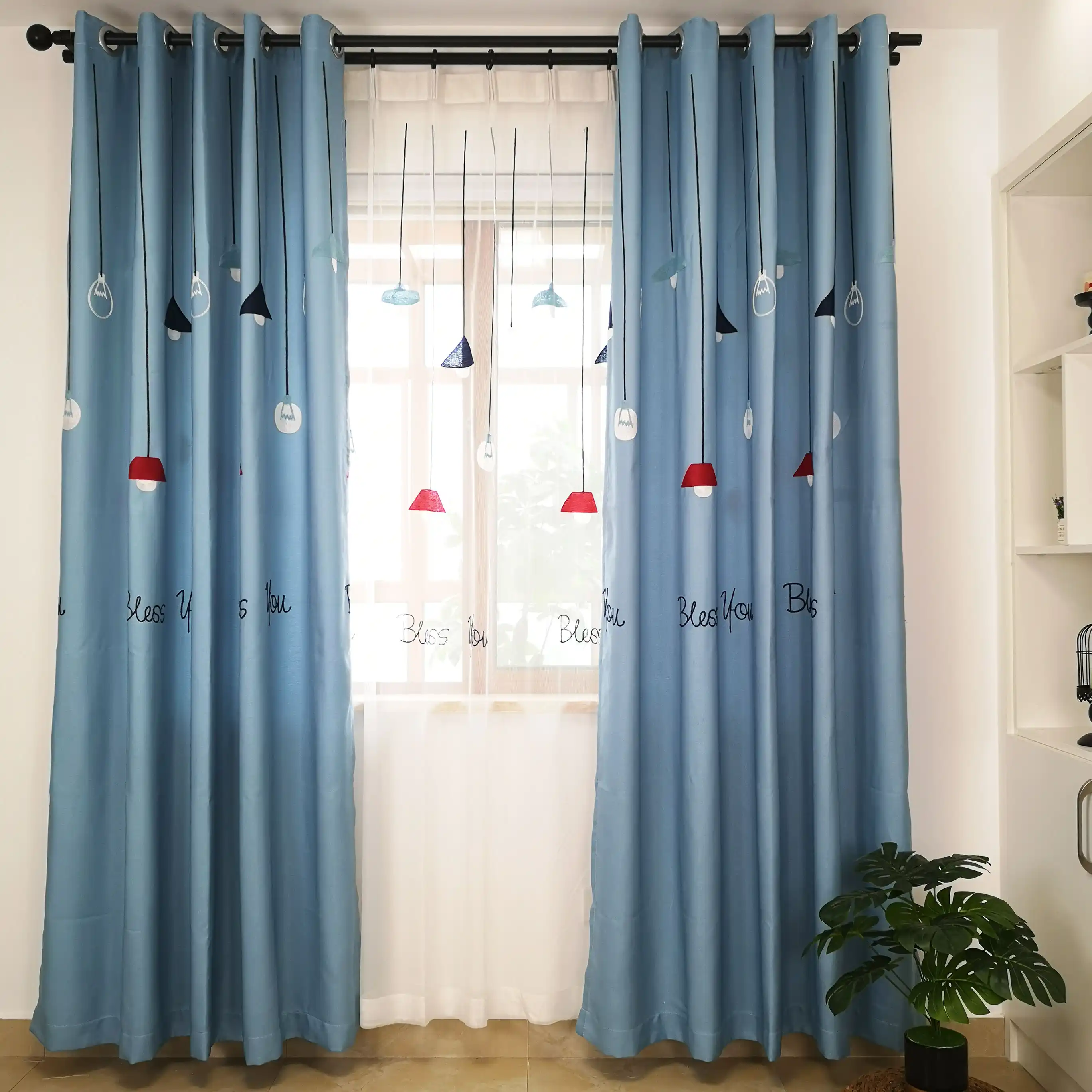 Slow Soul Light Grey Blue Cartoon Embroidered Curtains For Living