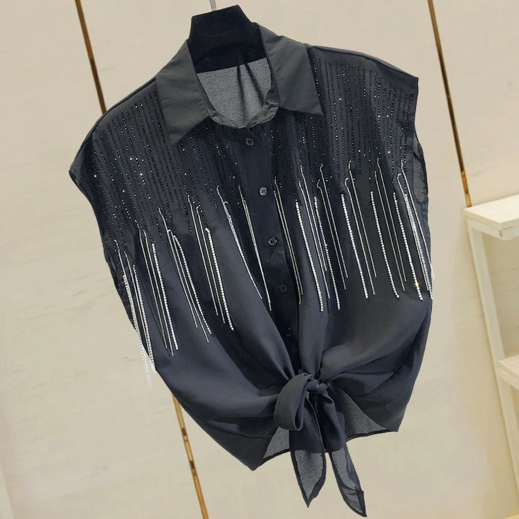Hot drilling chiffon shirt female summer 2019 new knotted shirt hot drilling Korean version of the loose tassel sleeveless shirt
Hot drilling chiffon shirt female summer 2019 new knotted shirt hot drilling Korean version of the loose tassel sleeveless shirt