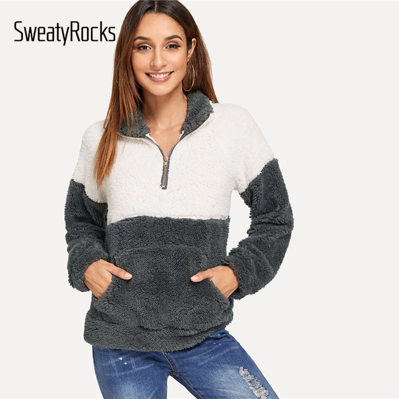 

SweatyRocks Colorblock Drop Shoulder Quarter Zip Teddy Sweatshirt Stand Collar 2018 Autumn Winter Casual Long Sleeve Women Tops