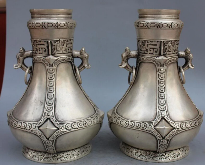 13" Marked Chinese Silver Dragon Phonix Beast Bull Sheep Circle Vase Pot Pair R0709
13" Marked Chinese Silver Dragon Phonix Beast Bull Sheep Circle Vase Pot Pair R0709