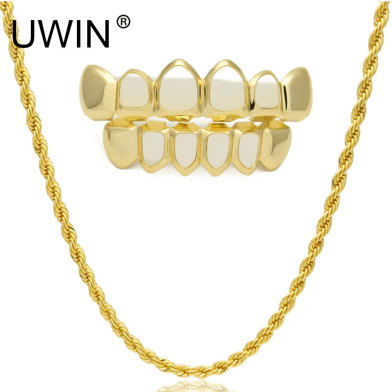 UWIN Hip Hop Custom Fit Gold Color Teeth Four Hollow Open Face Gold Mouth GRILLs Caps Top & Bottom Grill set with Rope Chain
UWIN Hip Hop Custom Fit Gold Color Teeth Four Hollow Open Face Gold Mouth GRILLs Caps Top & Bottom Grill set with Rope Chain