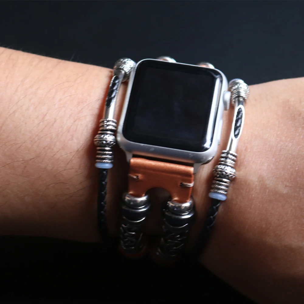 Handmade Apple Watch Band Made Ethnic Vintage Bead With Leather Retro Punk Style Bracelet 44Mm/ 40Mm/ 42Mm/ 38Mm Fits Apple Watch Series 1 2