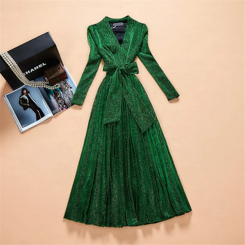 2018 Winter New V-Neck Pleated Tie Bow Paillette Long Assorted High Street Solid Full Sleeve Ankle-Length Fit And Flare Dress
2018 Winter New V-Neck Pleated Tie Bow Paillette Long Assorted High Street Solid Full Sleeve Ankle-Length Fit And Flare Dress