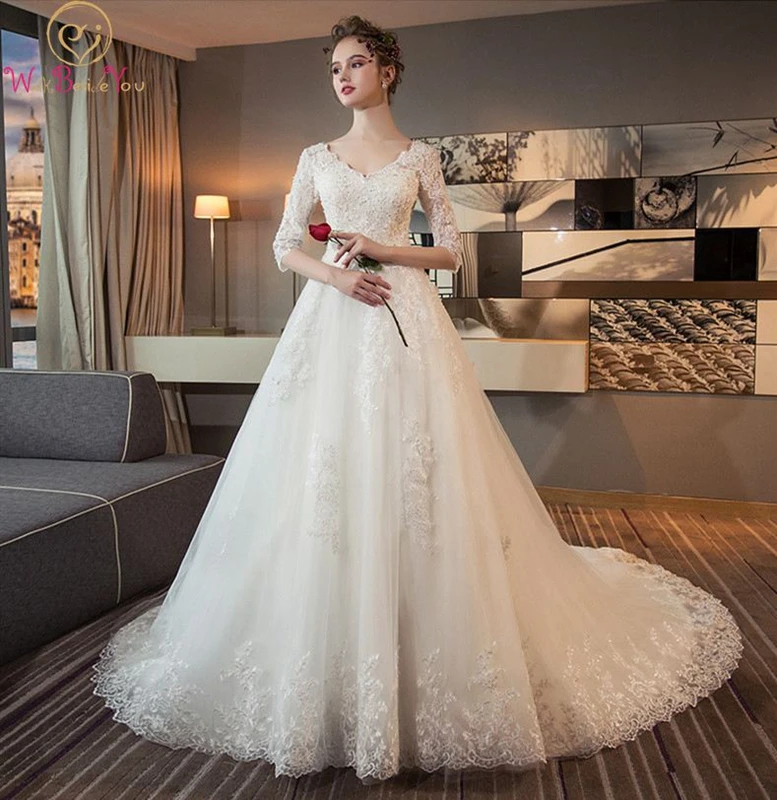 Luxury Wedding Dresses Court Train 3/4 Sleeves Tulle Appliques Beading Sequined Lace-up V-neck Ball Bruidsjurken Bridal Gown
Luxury Wedding Dresses Court Train 3/4 Sleeves Tulle Appliques Beading Sequined Lace-up V-neck Ball Bruidsjurken Bridal Gown