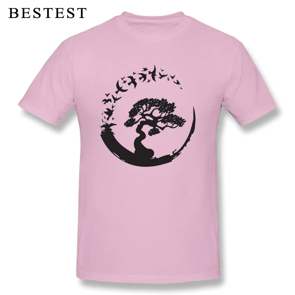 Printing Men Prevalent Normal Tees Round Collar Father Day All Cotton T-Shirt Leisure Short Sleeve T Shirts Wholesale Bonsai Tree in Enso Circle Birds 20227 pink