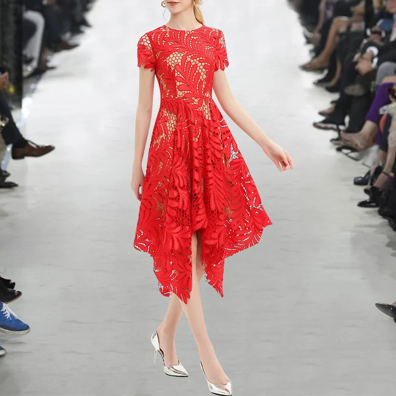 European High Quality Runway Designer Dress 2019 Summer Women Elegant Red/Black Irregular Hollow Out Lace Dress Vestidos
European High Quality Runway Designer Dress 2019 Summer Women Elegant Red/Black Irregular Hollow Out Lace Dress Vestidos