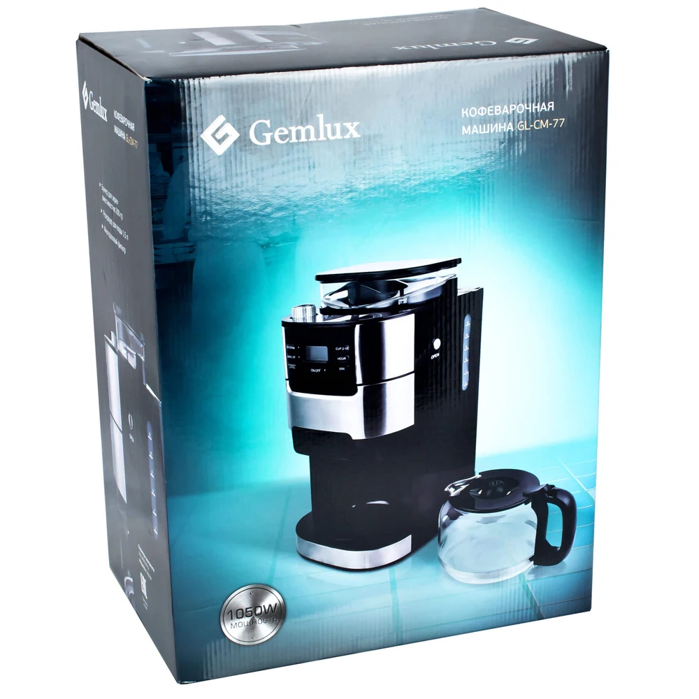 Кофеварка GEMLUX GL-CM-77 (Мощность 1050 Вт, объем 1.5 л, капельная, встроенная кофемолка с бункером на 200 г, подогрев готового напитка , ЖК-дисплей, отложенный старт)