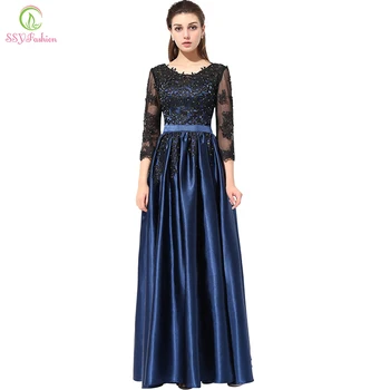 SSYFashion Long Evening Blue with Black 3/4 Sleeved Dresses