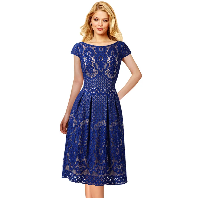 

Vfemage Womens Vintage Floral Lace Pockets Cap Sleeve Pleated Cocktail Wedding Party Fit and Flare Tea Skater A-Line Dress 1623