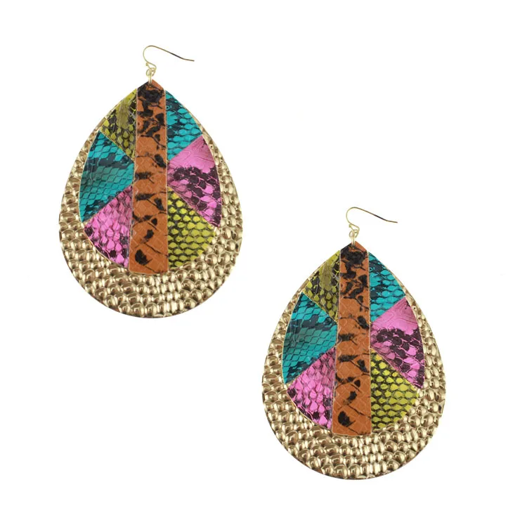 Snake Skin Joint Leather Metal Alloy Water Drop Earrings Colorful Simulated Snakeskin Light Smooth Gold Silver Eardrop BE41 | Украшения и