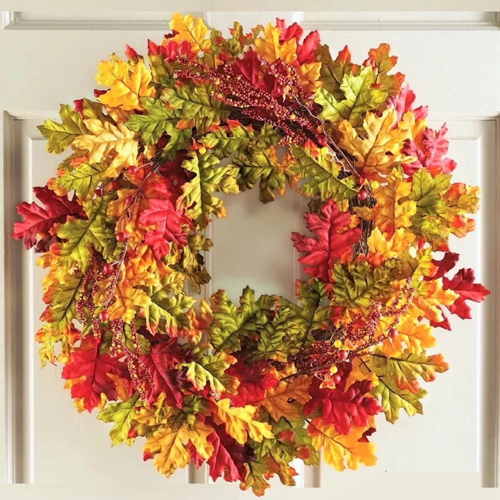 Image 22 inch Autumn Harvest Fall Leaves Wall Door Wreath Rattan Twig for Thanksgiving Decoration