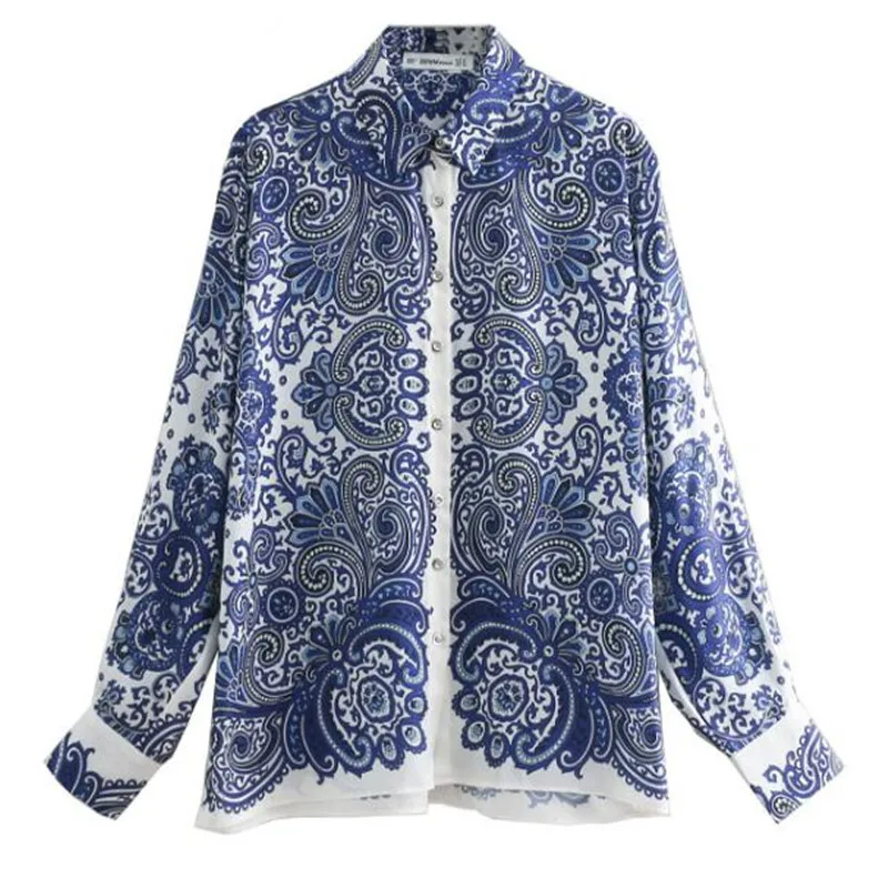 2019 Vintage Chinese Blue Floral Print Shirt Woman Single-Breasted Button Long sleeve OL Blouse Femme Turn-Down Collar Tops | Женская