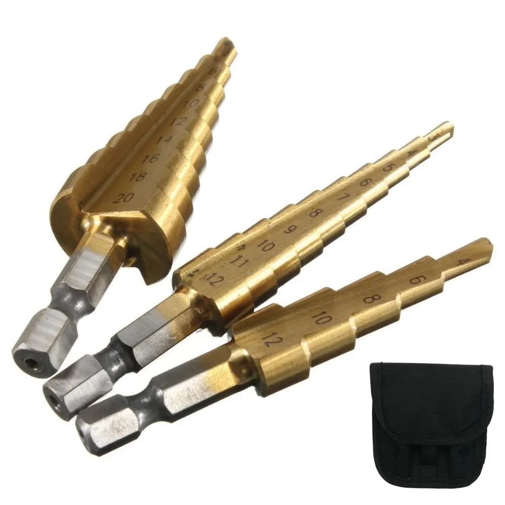 Julydream 3PC Step Drill Bit Set Titanium Hss Stepped Down Drill 1/4"Metric 4-12mm 4-20mm 3-12mm Hex Shank Quick Release Dremel
Julydream 3PC Step Drill Bit Set Titanium Hss Stepped Down Drill 1/4"Metric 4-12mm 4-20mm 3-12mm Hex Shank Quick Release Dremel