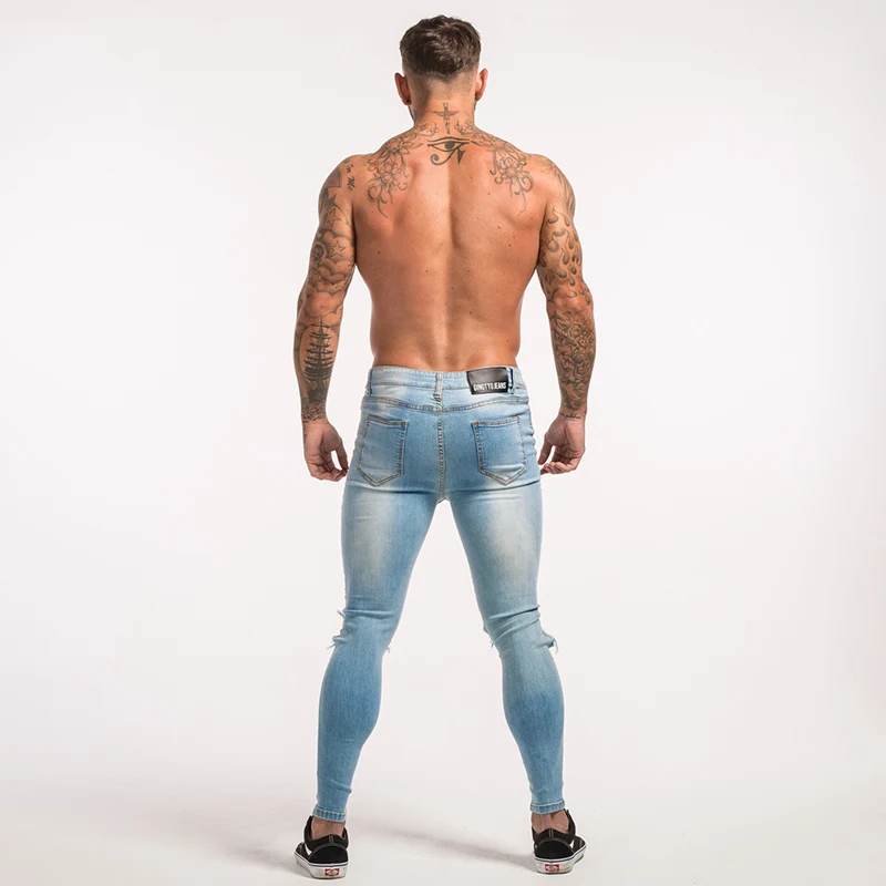 2021 Skinny Jeans For Guys Stretch Jeans Light Blue Ripped Denim For