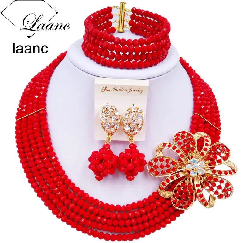 Laanc Handmade Opaque Red Crystal Beaded Necklace Nigerian Wedding African Beads Jewelry Set for Women 5DS008
Laanc Handmade Opaque Red Crystal Beaded Necklace Nigerian Wedding African Beads Jewelry Set for Women 5DS008