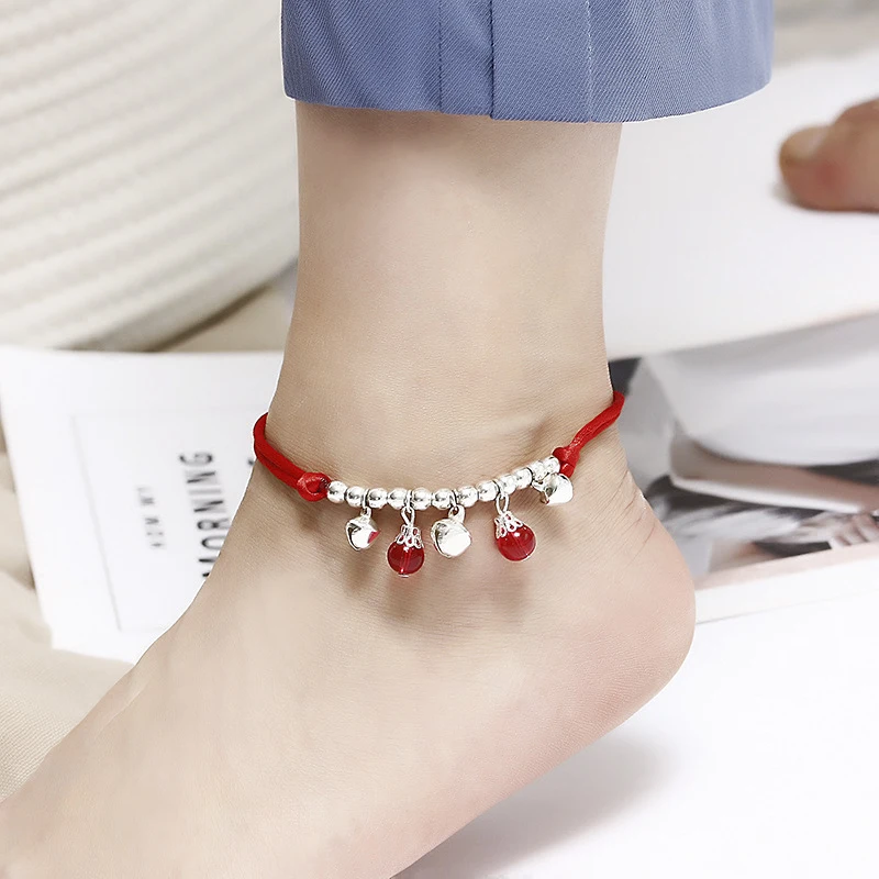 

Boho Red Thread Ankle Bracelet Silver Color Beads Foot Bracelet Chain String Halhal Anklet on the Leg Jewelry For Women Braclet