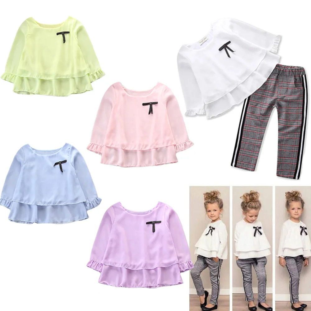 

Fashion Baby Kids clothes Girls Clothing Set 2PCs Outfits Ruffle T Shirt Tops+Checked Pants Clothes Set roupas menina