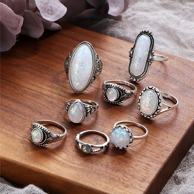 BOAKO 8Pcs Vintage Big Natural Opal Stone Knuckle Shield Rings Set For Women Bohemian Antique Silver Color Rings Fashion Jewelry
BOAKO 8Pcs Vintage Big Natural Opal Stone Knuckle Shield Rings Set For Women Bohemian Antique Silver Color Rings Fashion Jewelry