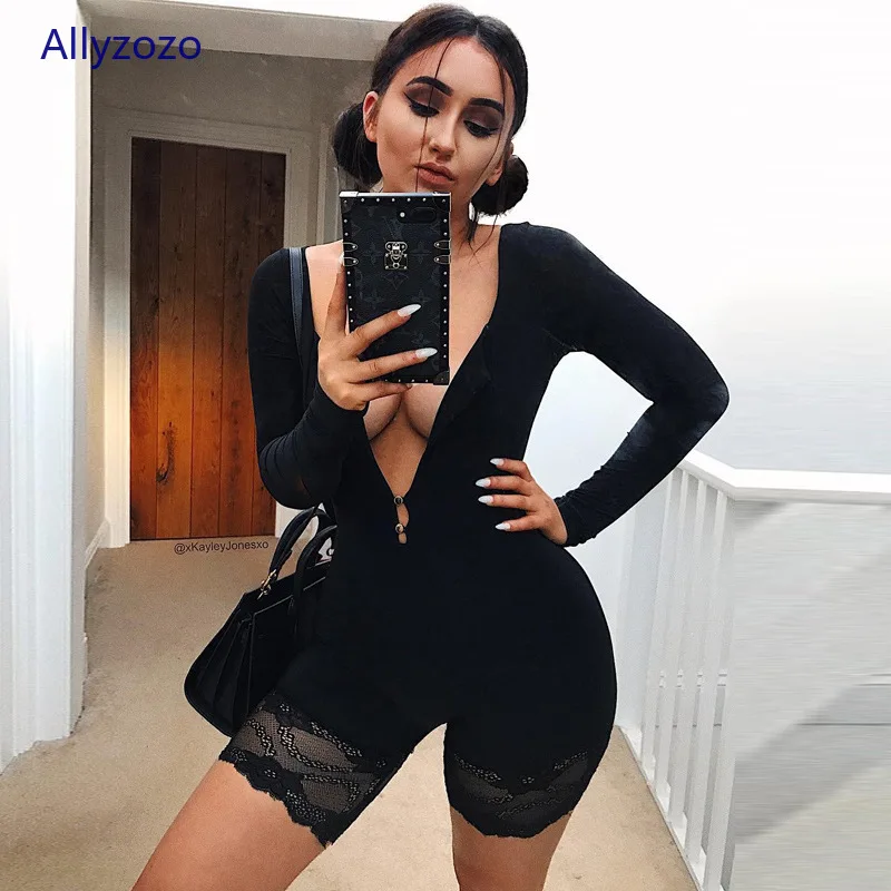Women Sexy Deep V neck Lace Playsuits Spring Streetwear Long Sleeve Black Tight Sheath Jumpsuits
Women Sexy Deep V neck Lace Playsuits Spring Streetwear Long Sleeve Black Tight Sheath Jumpsuits