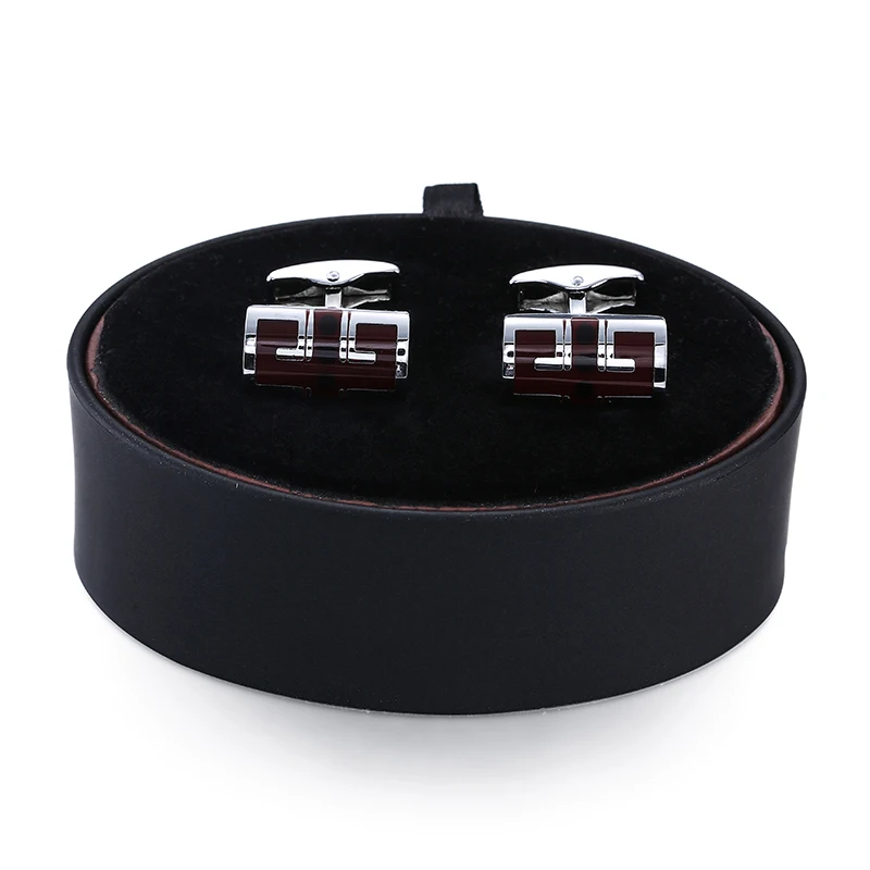 

DY The new high-quality Red Enamel Silver Cufflinks pattern black leather box set men French Cufflinks box set free shipping