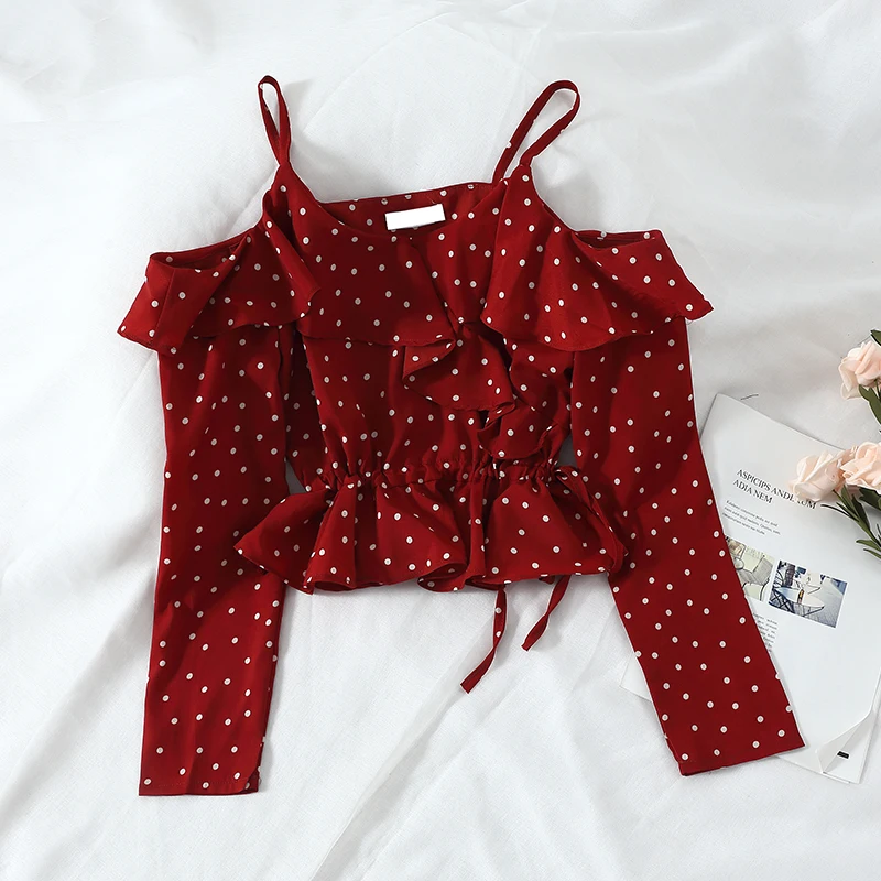 MUMUZI Black Polka Dot Print Cropped Strapgetti Blouse Short Design Wrap Tops Sexy Off Shoulder Long Sleeve Shirts for Women
MUMUZI Black Polka Dot Print Cropped Strapgetti Blouse Short Design Wrap Tops Sexy Off Shoulder Long Sleeve Shirts for Women