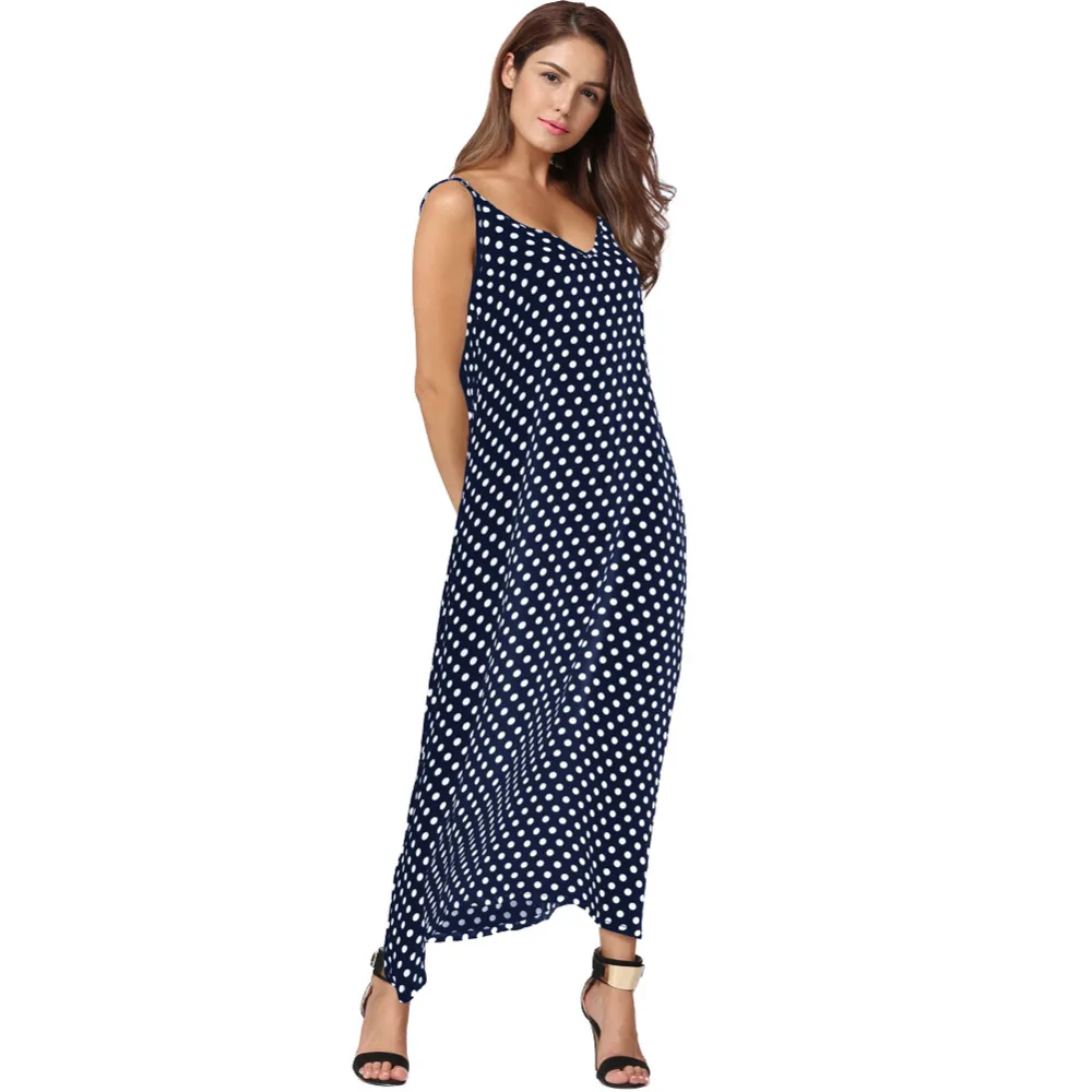 Navy Blue Deep V Neck Sleeveless Polka Dot Long Dress