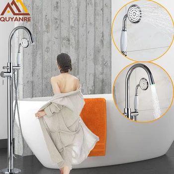 

Bright Chrome Solid Brass Floor Standing LED Faucets Waterfall Spout With Handshower Floor Mount Bathroom Tub Shower Mixer Tap
