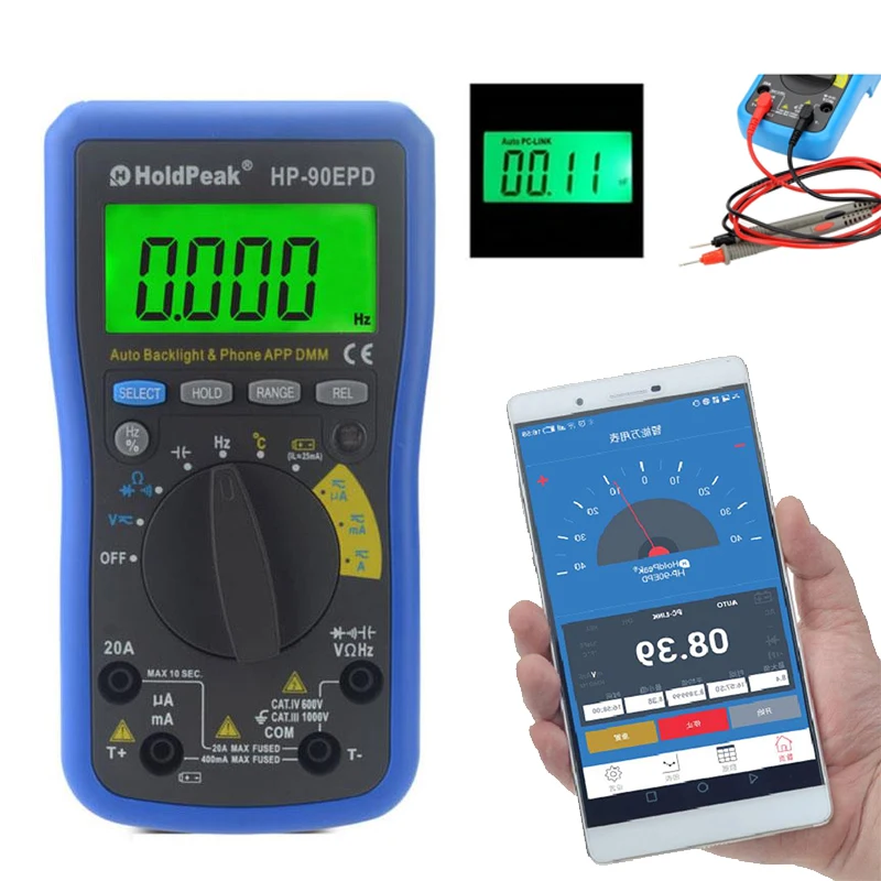 Digital Multimeter HP-90EPD Mobile APP 4000 Counts True RMS MultimeterAuto Range AC DC Voltage Capacitor Tool
Digital Multimeter HP-90EPD Mobile APP 4000 Counts True RMS MultimeterAuto Range AC DC Voltage Capacitor Tool