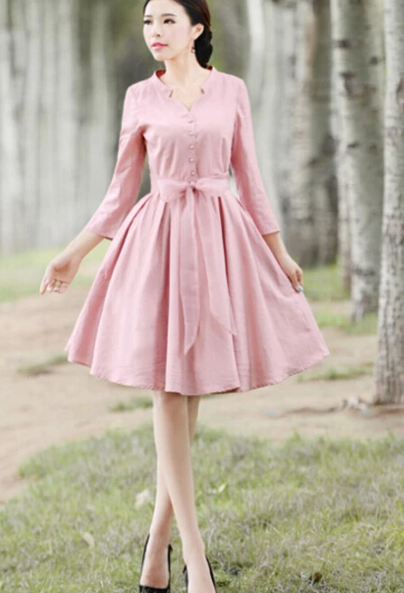 Free Shipping High Quality Retro V Collar Simple Design Bowknot Belt Three-quarter Sleeve Woman Cotton Linen Dress Pink
Free Shipping High Quality Retro V Collar Simple Design Bowknot Belt Three-quarter Sleeve Woman Cotton Linen Dress Pink