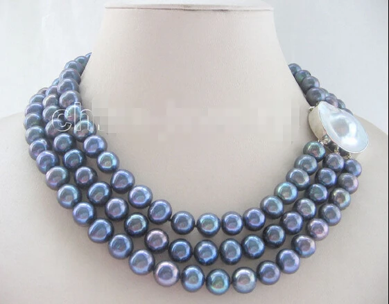 

HOT## Wholesale FREE SHIPPING AAA 17-19" 3row 11mm black round freshwater pearl necklace-925 silver Mabe