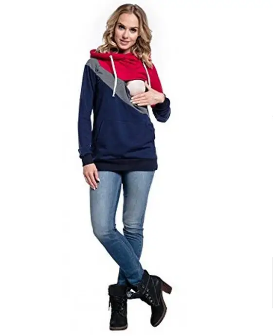 Plus Size Pregnancy Nursing Long Sleeves Maternity Clothes Hooded Breastfeeding Tops Patchwork T-shirt for Pregnant Women (9)