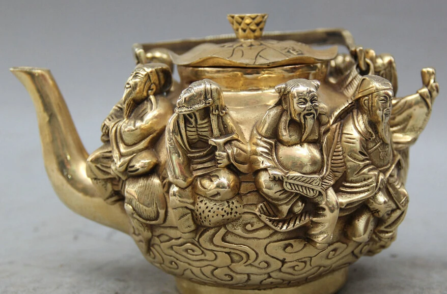 8" Marked China Qian Long Dynasty Brass Eight Immortals God Wine Tea Pot Flagon R0710
8" Marked China Qian Long Dynasty Brass Eight Immortals God Wine Tea Pot Flagon R0710