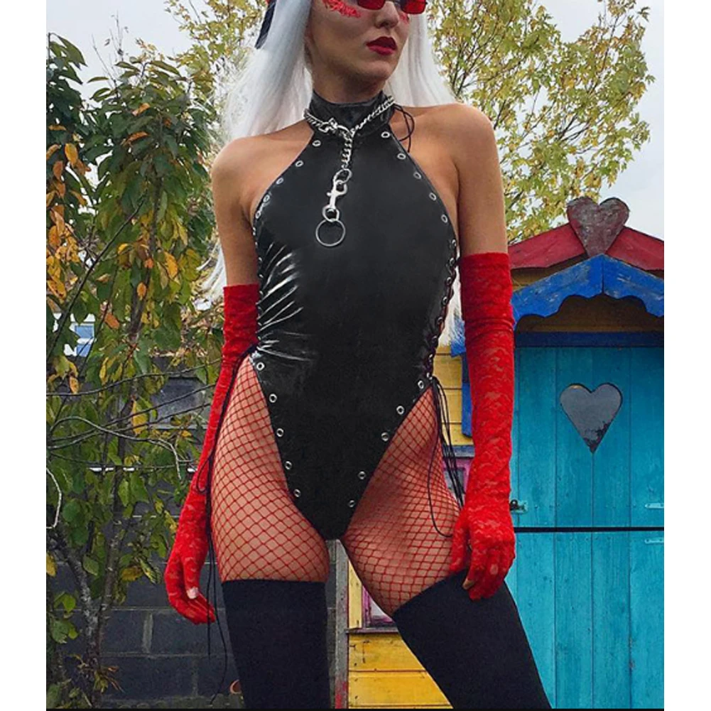 Gothic Hip Hop Women Leotard Hollow Body Lace Up Top PU Leather Wet Look Sleeveless Halter Neck Bandage Jumpsuit Bodysuit
Gothic Hip Hop Women Leotard Hollow Body Lace Up Top PU Leather Wet Look Sleeveless Halter Neck Bandage Jumpsuit Bodysuit
