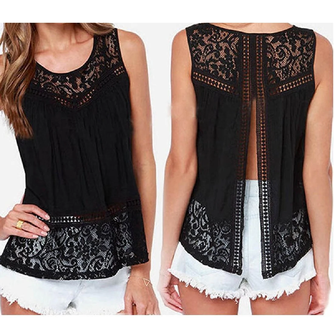 Summer Style Woman Blusas 2017 Women Chiffon Blouse Sleeveless O-neck Lace Shirts Hollow out Solid Plus Size Tops Feminin
Summer Style Woman Blusas 2017 Women Chiffon Blouse Sleeveless O-neck Lace Shirts Hollow out Solid Plus Size Tops Feminin