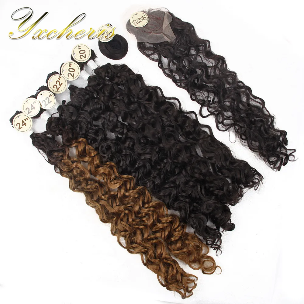 YXCHERISHAIR 20" 22" 24" Synthetic Weave Hair Bundles with Closure and Bang Double Weft Curly Weaving | Шиньоны и парики
