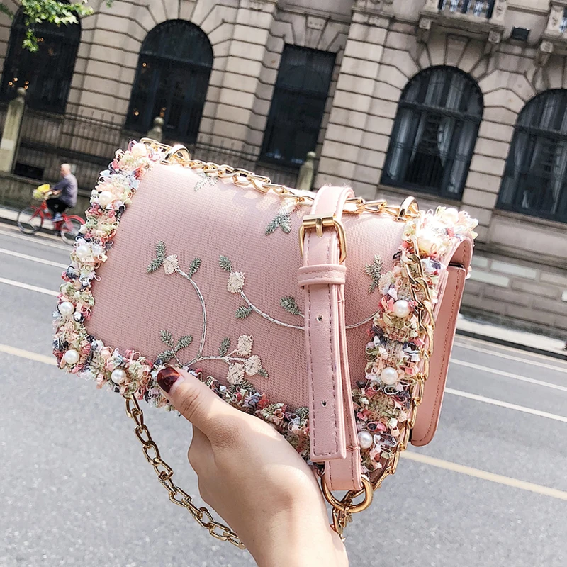Lace Printed Flower Women Clutches Beaded Fashion Pu Fashion Lady Handbags Chain Shoulder Purse For Summer Female
