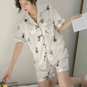 Women Print Pajamas Sets Short Sleeve Girl Sleepwear Pyjamas Button Summer Satin Homewear Casual Nightwear Turn-down Collar New
Women Print Pajamas Sets Short Sleeve Girl Sleepwear Pyjamas Button Summer Satin Homewear Casual Nightwear Turn-down Collar New