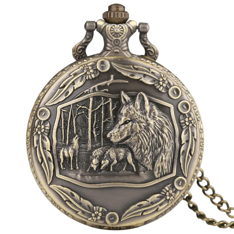 Крутые бронзовые кварцевые карманные часы с изображением волка в лесу мужские