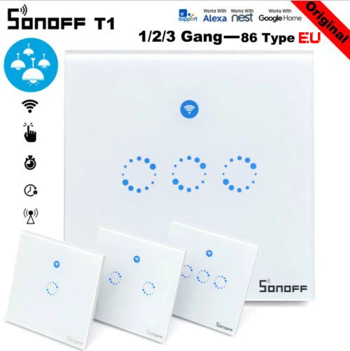 Sonoff T1 EU Smart Wifi Wall Touch Light Switch 1 Gang 2 Gang Touch/WiFi/433 RF/APP Remote Smart Home Controller Work with Alexa
Sonoff T1 EU Smart Wifi Wall Touch Light Switch 1 Gang 2 Gang Touch/WiFi/433 RF/APP Remote Smart Home Controller Work with Alexa
