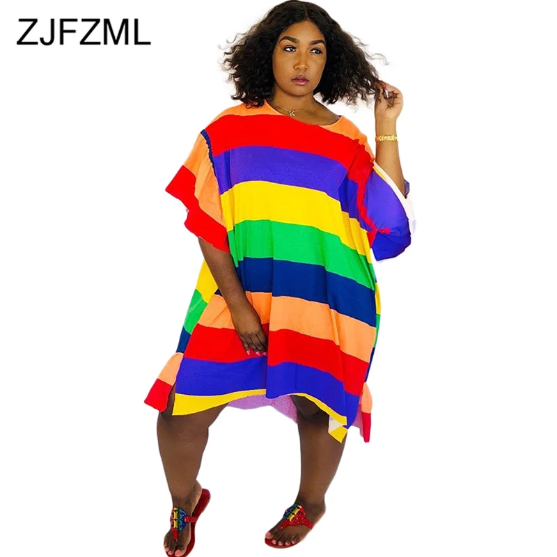 Rainbow Striped Sexy Plus Size Dress Women Round Neck Short Ruffle Sleeve Loose Dress Summer Irregular Knee-Length Beach Dress
Rainbow Striped Sexy Plus Size Dress Women Round Neck Short Ruffle Sleeve Loose Dress Summer Irregular Knee-Length Beach Dress