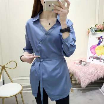 V-neck crossbody Medium length shirt female long-sleeved 2019 spring new popular Korean version belt waist Slim shirt Femalel73
V-neck crossbody Medium length shirt female long-sleeved 2019 spring new popular Korean version belt waist Slim shirt Femalel73