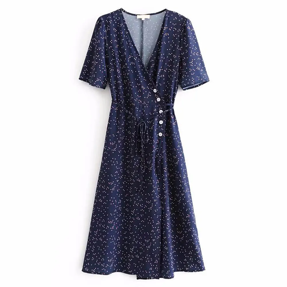 ANSFX Retro Polka Dot Print Cross V-Neck Buttons Lace up Bow Short Sleeve Front Slit Mid-Calf Holiday 2 Color Sexy Slim Dress
ANSFX Retro Polka Dot Print Cross V-Neck Buttons Lace up Bow Short Sleeve Front Slit Mid-Calf Holiday 2 Color Sexy Slim Dress