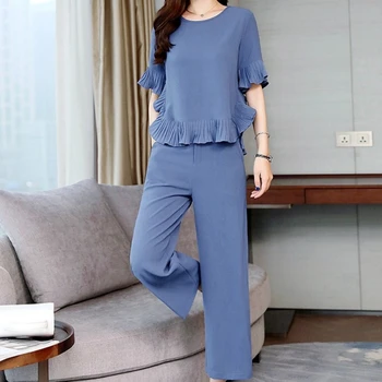 Summer Office Pants Set Women Fashions England Short Sleeve Loose Ruffles Top T-Shirt Wide Leg Pants 2 Piece Set Plus Size
Summer Office Pants Set Women Fashions England Short Sleeve Loose Ruffles Top T-Shirt Wide Leg Pants 2 Piece Set Plus Size