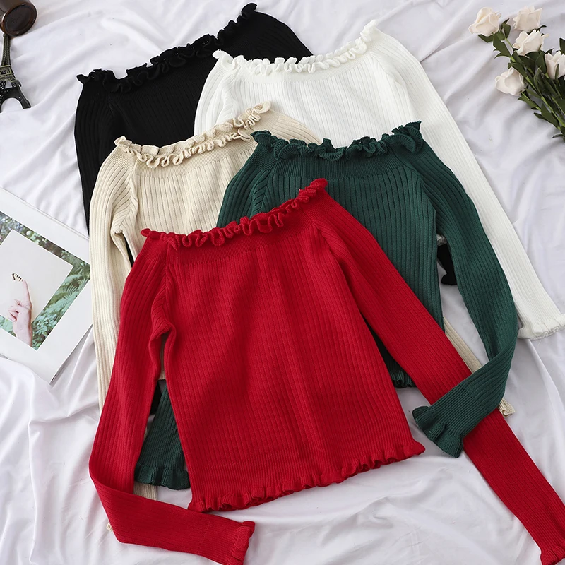 Spring Slim Sexy Off Shoulder Knitted Sweater Women Elegant Ruffles Red Black Pullovers Knitwear Ribbed Autumn White Jumper Pull
Spring Slim Sexy Off Shoulder Knitted Sweater Women Elegant Ruffles Red Black Pullovers Knitwear Ribbed Autumn White Jumper Pull
