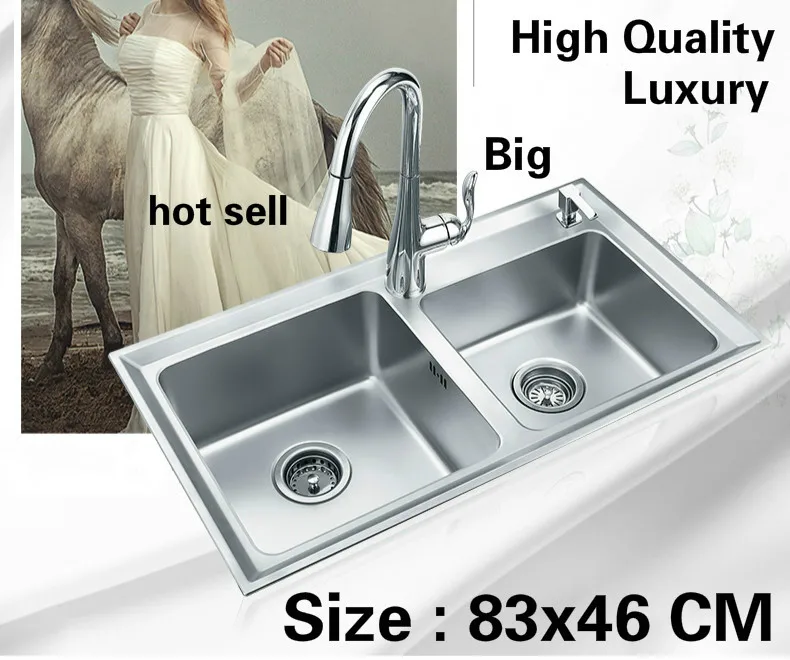 

Free shipping Apartment wash vegetables large kitchen double groove sink 304 stainless steel hot sell luxury 830x460 MM