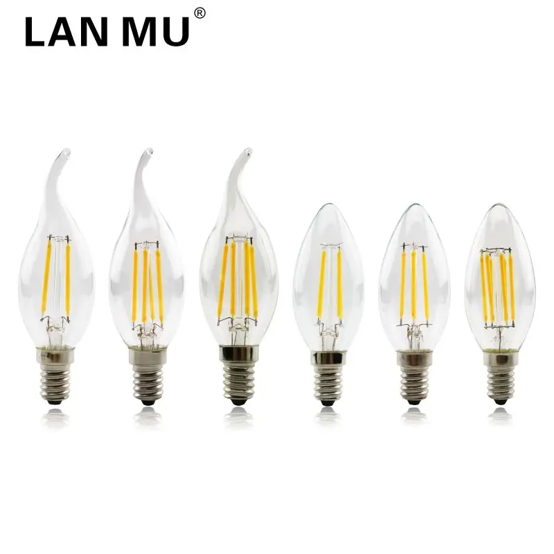 LED Bulb E14 2W 4W 6W AC 220V 230V 240V C35 Glass shell 360 Degree vintage LED candle light C35L edison LED Filament lamp