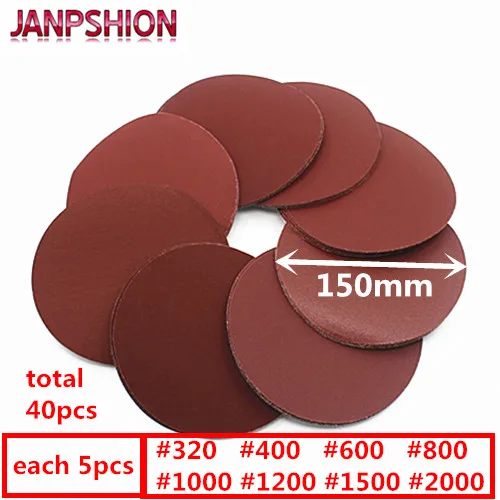 JANPSHION 40pc наждачная бумага для шлифовальной Красной круглой бумаги 6 "150 мм Grits