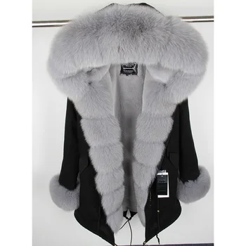 MaoMaoKong 여성용 천연 리얼 여우 모피 재킷, 후드 블랙, 방수, 겨울 따뜻한 코트, 파카, 럭셔리 재킷, 여성 의류
