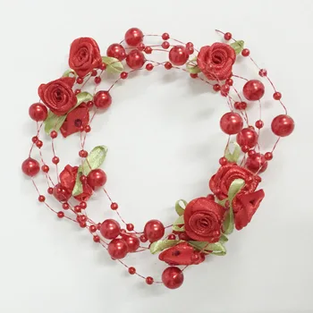 

30m Rose With Leaf Handmade Fishing Line Pearls Flowers Beads Chain Garland DIY Wedding Decoration Bride Bouquet Accessories