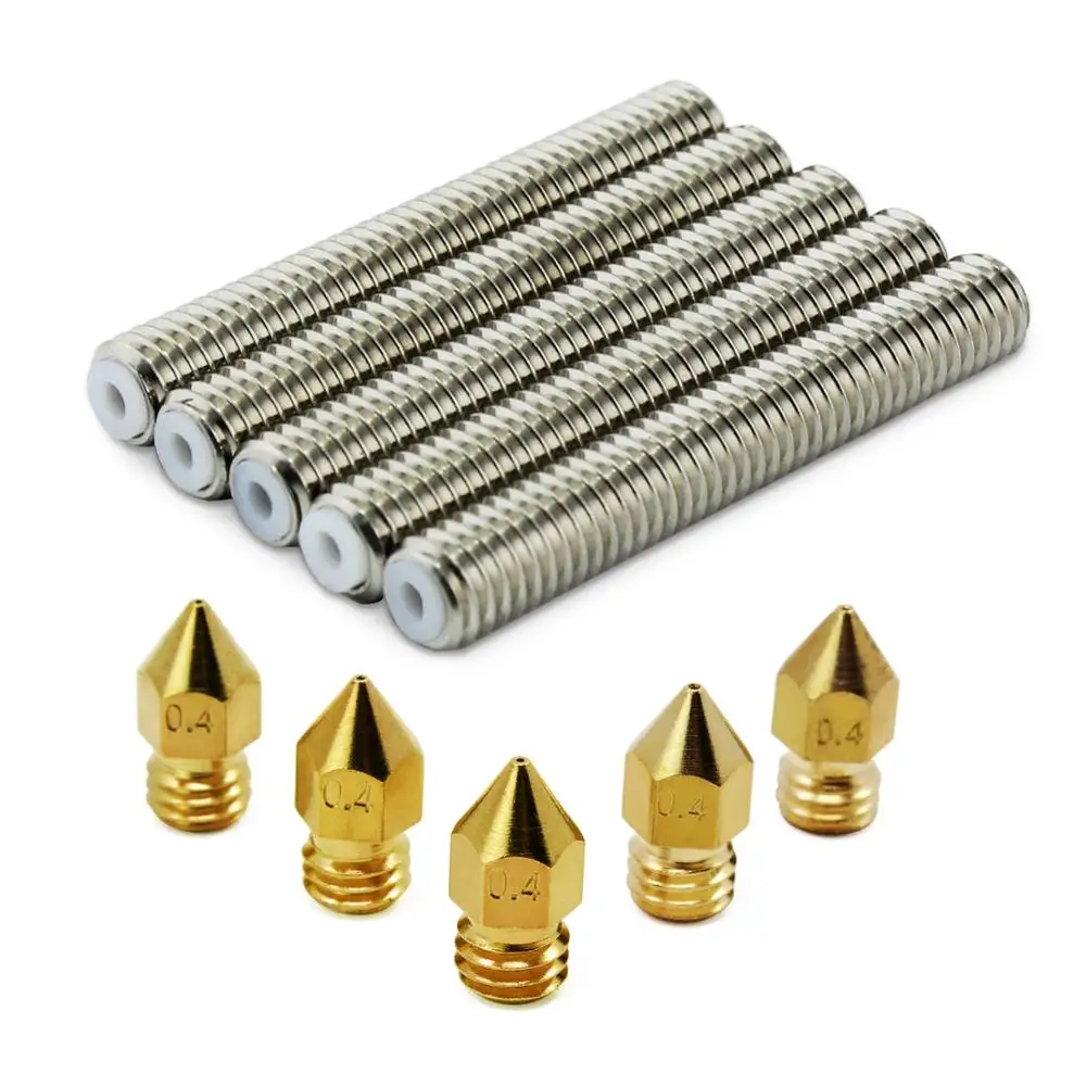 M6x40mm Barrel Stainless Steel Nozzle Throat and 5pcs 0.4mm Brass Extruder Nozzle for Makerbot MK8 3D Printer 5pcs
M6x40mm Barrel Stainless Steel Nozzle Throat and 5pcs 0.4mm Brass Extruder Nozzle for Makerbot MK8 3D Printer 5pcs
